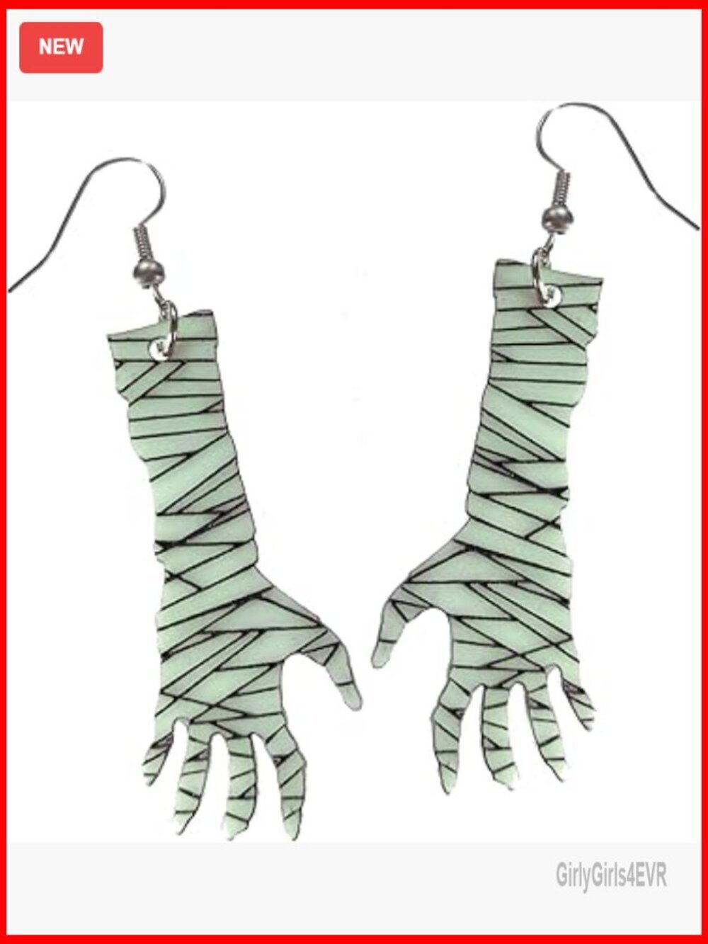 Glow in the Dark Mummy Hand Dangle Earrings, 2" Acrylic Halloween Jewelry